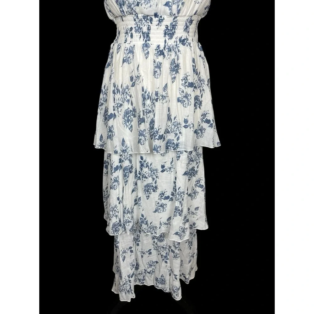 J GEE  Blue & White Floral Tiered Maxi Dress Womens S Ruffles Cottage Fairy Boho